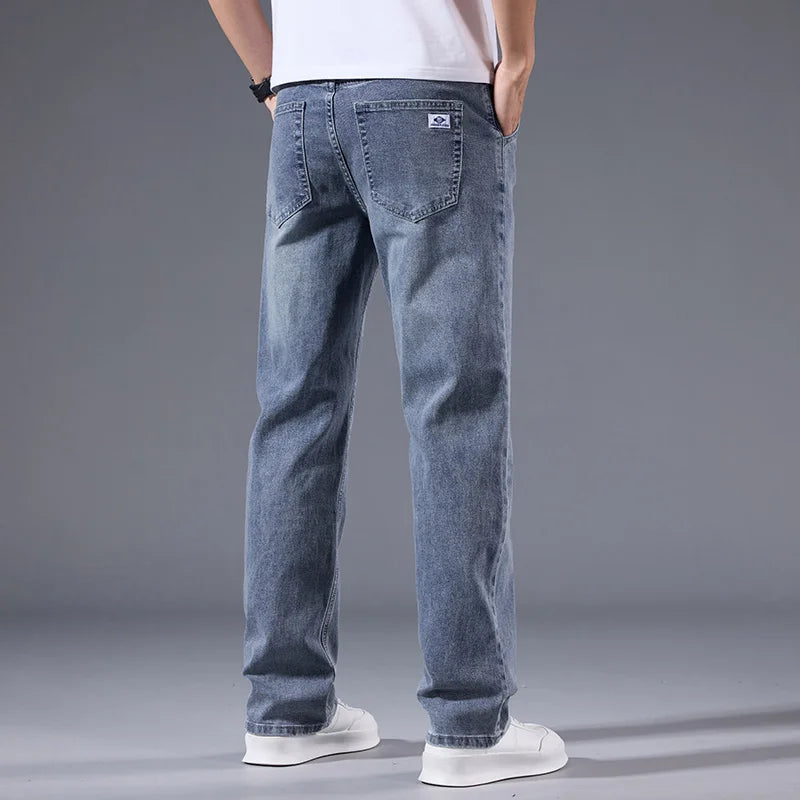 Men's Winter Fleece Thicken Lightweight Business Straight Leg Jeans Solid Color Versatile Slight Elastic Long Pants