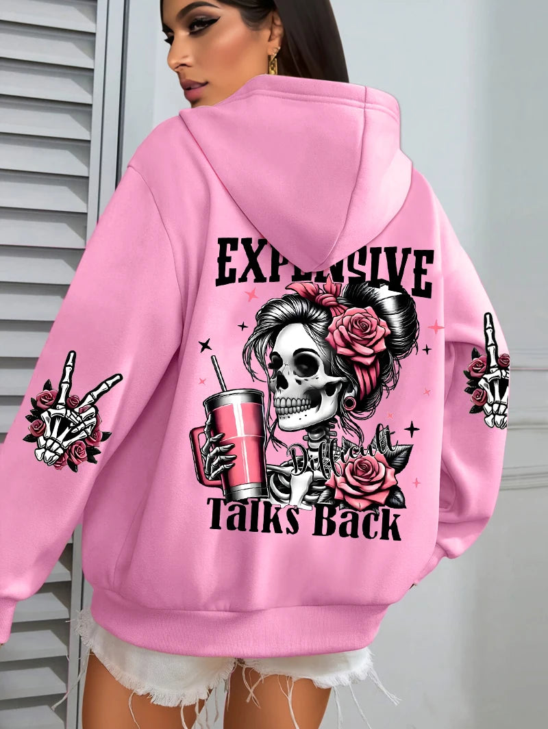 Expensive Talks Back Funny Printing Womens Hoodie Loose Multicolor Pullovers Fleece Autumn Sportswear Casual Pocket Hoody