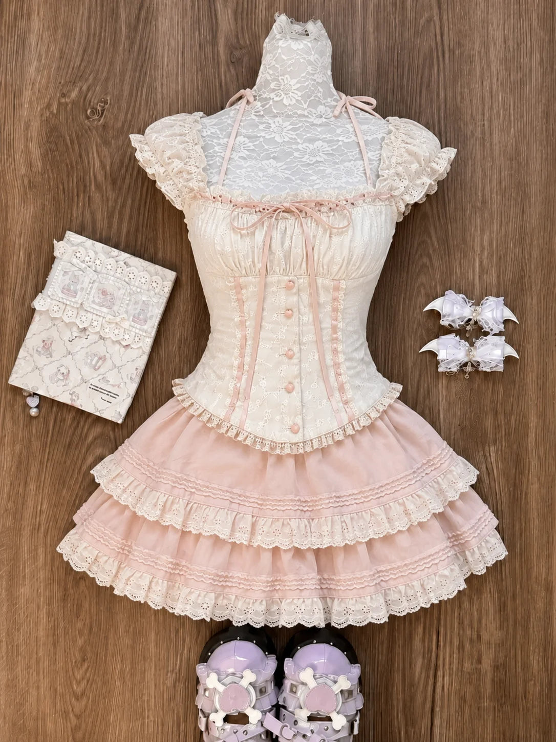 Japanese Sweet Preppy Style Skirt Set Women Kawaii Lace Patchwork Bow Tops + Y2k Plaid Mini Skirt Elegant Outifits 2 Piece Set