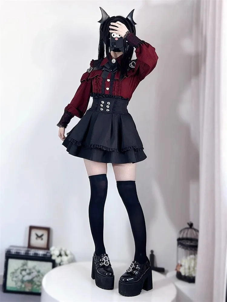 Women‘s Lolita Set Dark Femme Mesh Top & Waist Cinching Skirt, 2025 Autumn Japanese Street Style Coord for Gothic Baddie Fashion