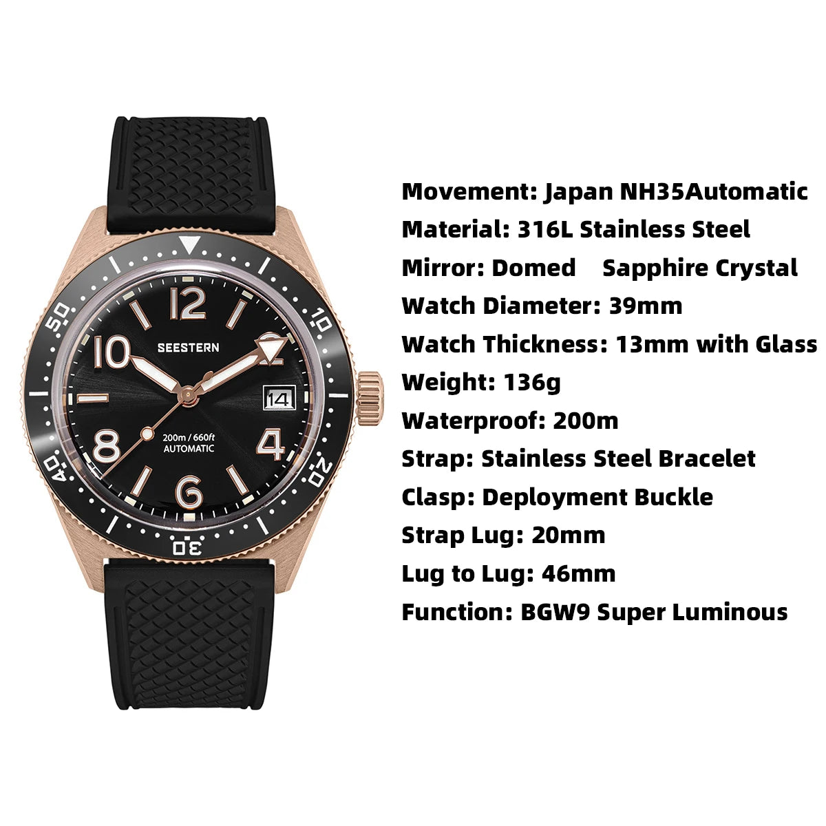 SEESTERN Diver Mens Watch Automatic Japan NH35A Movement 200M Waterproof Mechanical Wristwatches Luminous Domed Crystal S434 new