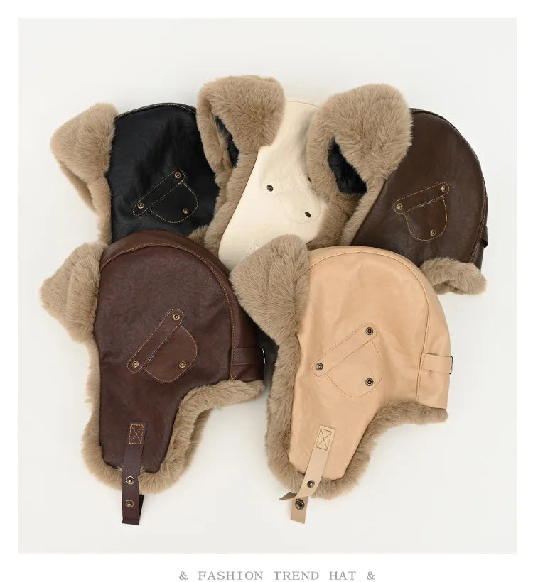 retro leather pilot hat Faux fur Bomber hat men ski cap winter hat women thickened warm ear protect hat classic riding cap털모자