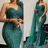 Elegant Mermaid One-Shoulder Beaded Evening Gown