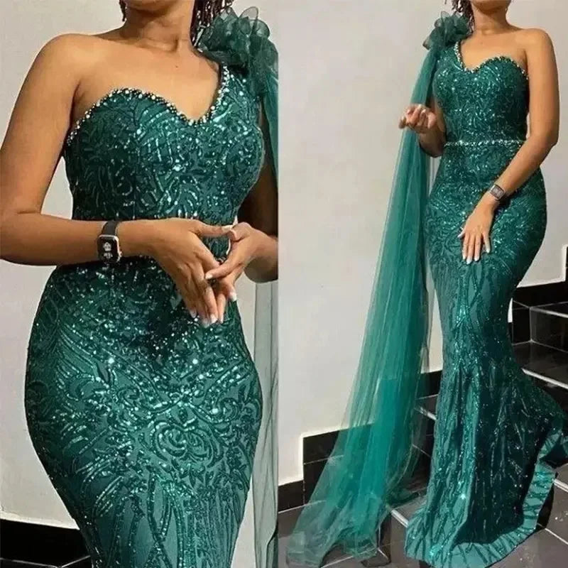Elegant Mermaid One-Shoulder Beaded Evening Gown