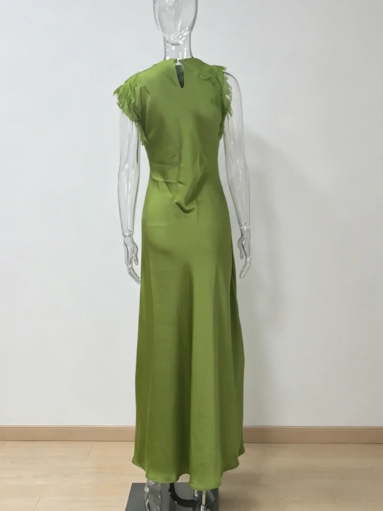 Women Elegant Green Satin Maxi Dress Lace Slit Asymmetric High Neck Draped One-sleeve Slim Fit Lgown Formal Evening Party Outfit