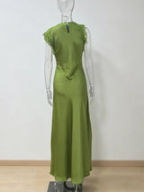Women Elegant Green Satin Maxi Dress Lace Slit Asymmetric High Neck Draped One-sleeve Slim Fit Lgown Formal Evening Party Outfit