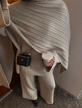 Hirsionsan Soft Elegant Vintage Women Suits 3 Pieces Female Sets O Neck Sweater & Wild Leg Pants with Scarf Knitted TrackSuit