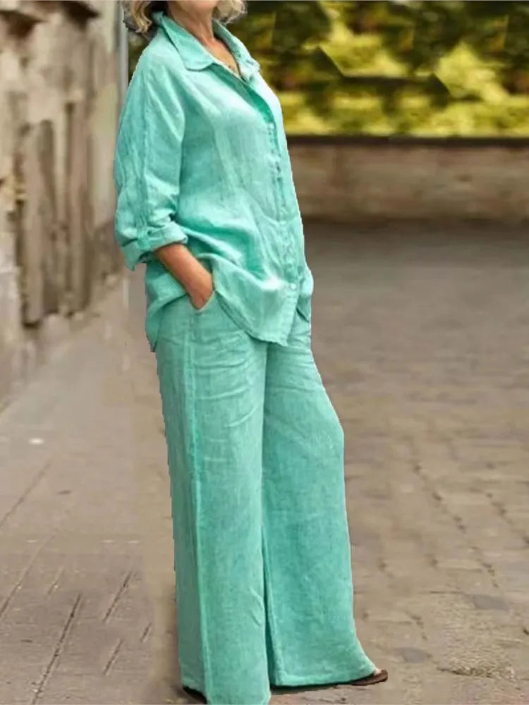 Fashion Cotton Linen Shirt Long Sleeved Women's Set Spring Autumn Loose Cotton  Linen Wide Leg Trousers Female Office 2piece Set