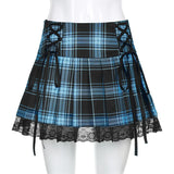 Pink Plaid Y2K Pleated Mini Skirt with Lace Trim