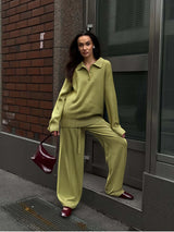 Hirsionsan Winter Thick Women Knitted Suits Soft 2 Pieces soft Female Sets Polo Neck Sweater & Wide Leg Pants Knitted Outfit