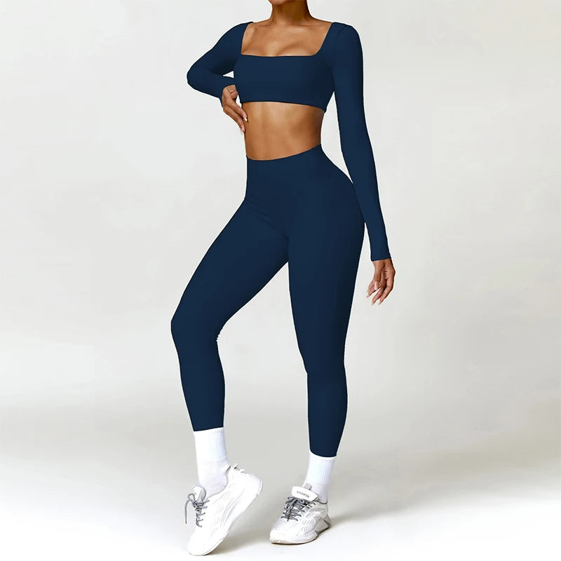 2-Piece Women's High-Waist Yoga Set – Seamless Long Sleeve Workout Suit