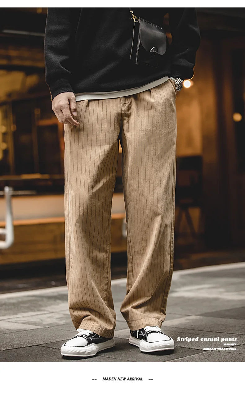Maden Retro 12.8oz Grey Striped Jeans Straight Fit Zip Fly with Pockets Versatile Herringbone Trousers for Men's Spring and Fall