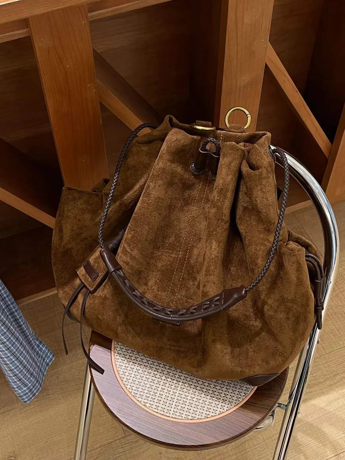 European And American Frosted Suede Bucket Type Backpack Retro Large Capacity Portable Single Shoulder Diagonal Cross Bag Trendy