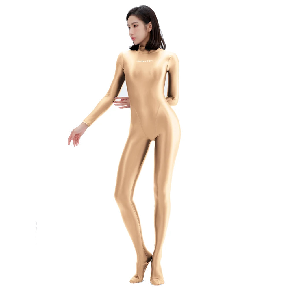 Glossy Long Sleeve Full-Length Jumpsuit
