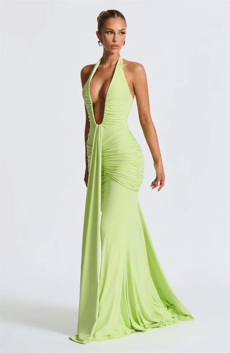 Elegant Deep V-Neck Halter Maxi Dress