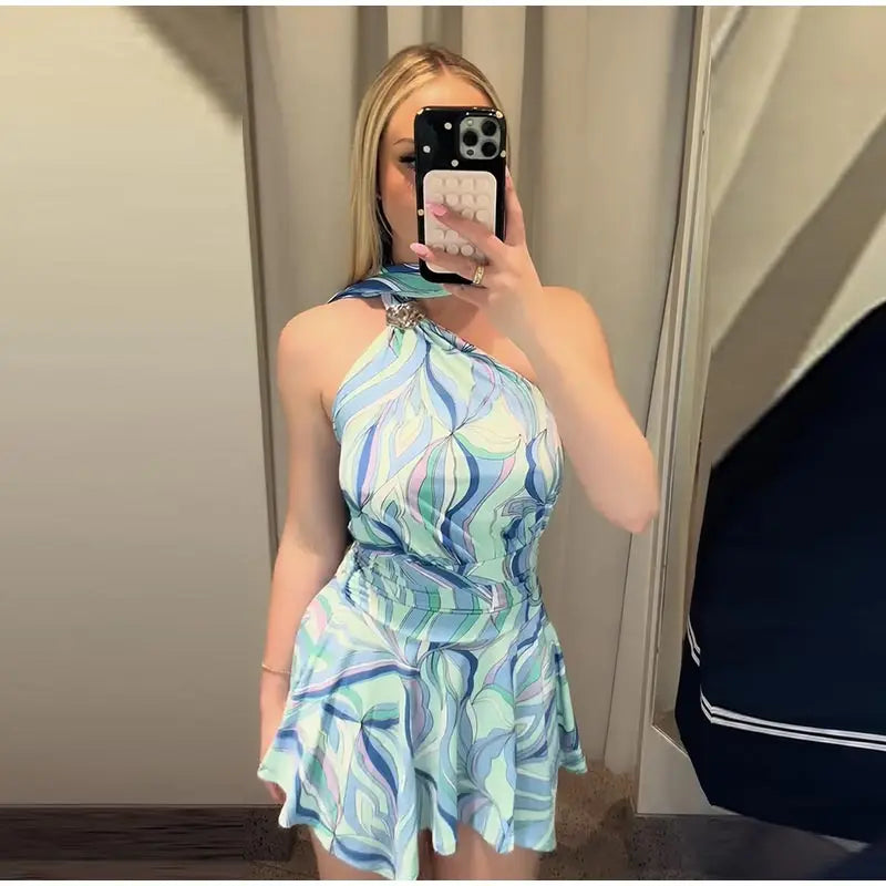 Swirl Print Women's Mini Dress Sexy Halter Neck Sleeveless Backless Ruffles Dresses Female 2026 Summer Fashion Beach Vestidos