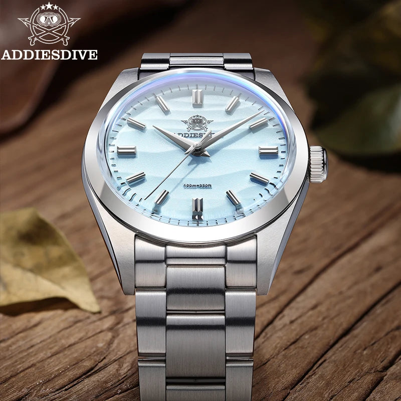 ADDIESDIVE Men's Watch 36mm Quartz Watch Diving 100m Sand Dial 316L Stainless Steel AR Bubber Glass Fashion WristWatch for Men
