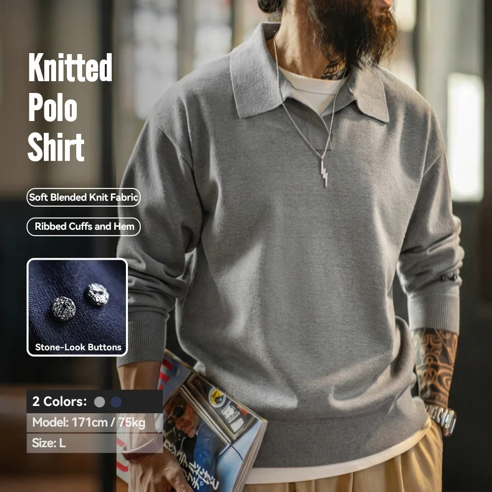 Maden Men's Vintage Long Sleeve Knit Polo