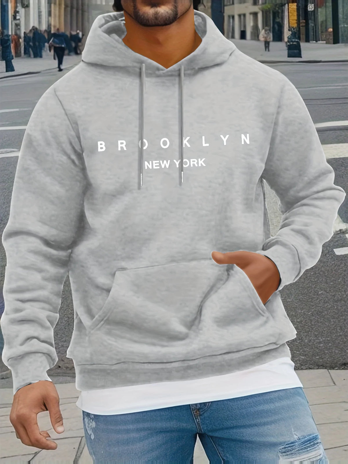 Men's Autumn and Winter Casual Fashionable Loose Brooklyn Classic Letter Printed Long-Sleeved Warm Hooded Pullover