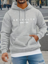 Men's Autumn and Winter Casual Fashionable Loose Brooklyn Classic Letter Printed Long-Sleeved Warm Hooded Pullover