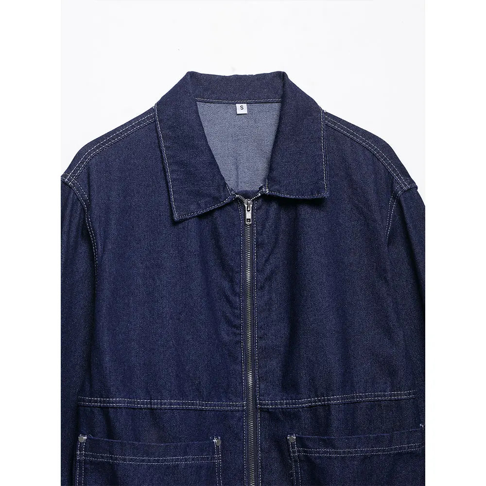 Chic Blue Denim Jacket – USA-Made Casual Lapel Outerwear with Pockets