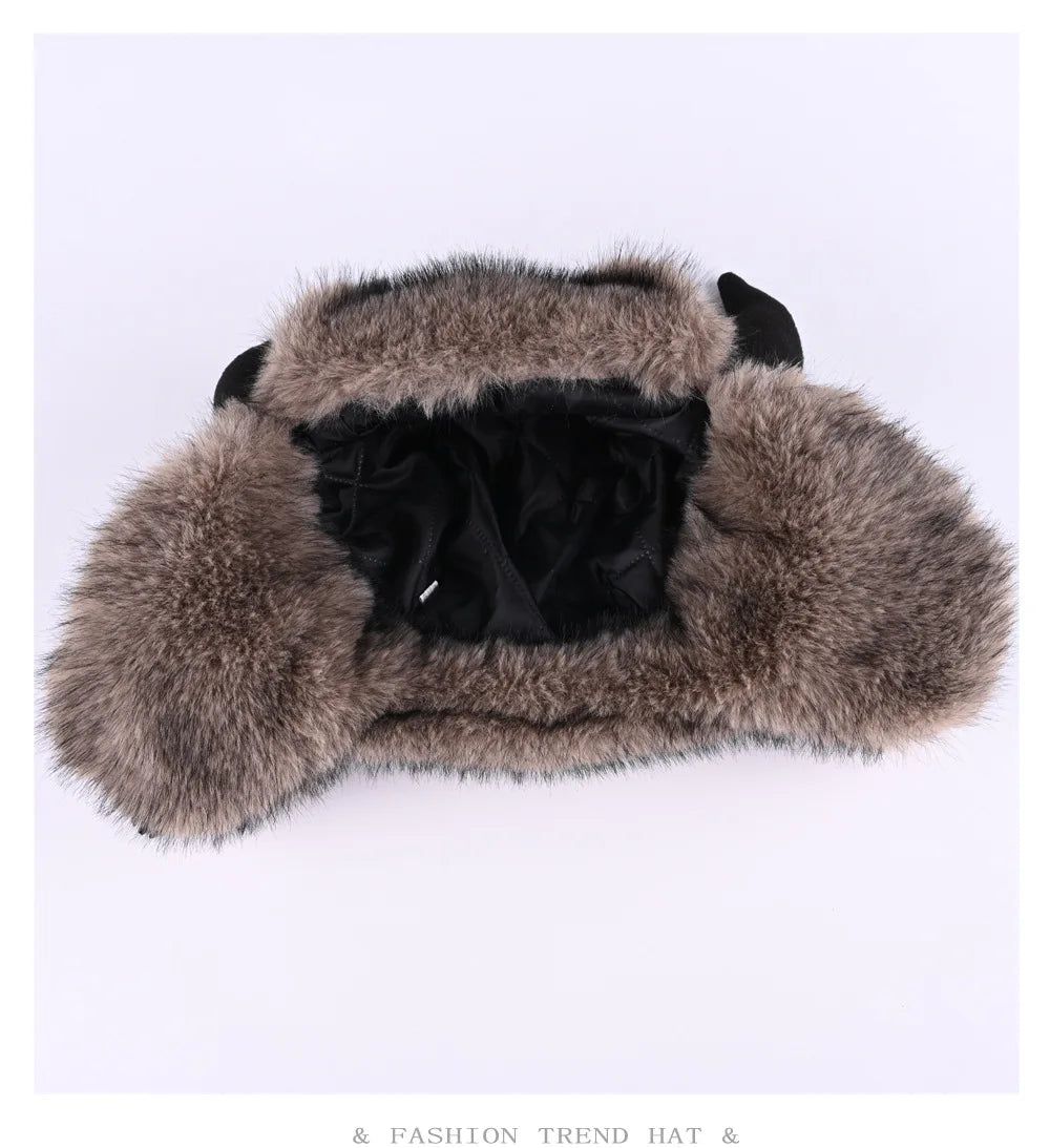 Ox horn pilot hat faux fur Bomber hat women ski cap winter hat thickened warm ear protection hat versatile bull head hat 털모
