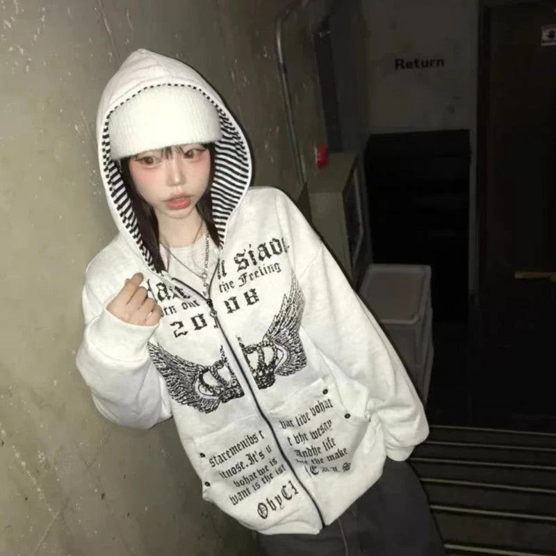 2000S American Vintage Striped Loose Long Sleeve Hooded Sweatshirt Y2k Subculture Casual Zip Up Hooded Cardigan Harajuku Coats