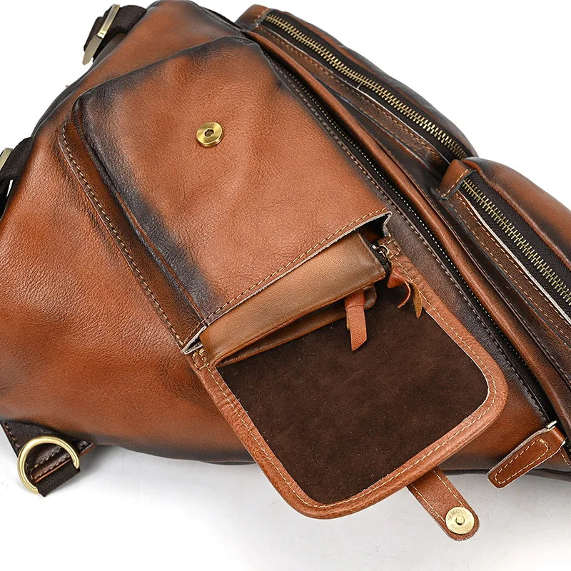 Single Shoulder Bagpack Genuine Leather Chest Bag Outdoor Riding Bag Chest Packs For Biker Men Male Sling Bags Cow Leather