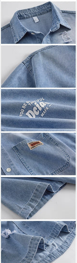 Men's Casual Black Denim Shirt Short Sleeve Loose Fit Gradient Washed RESPECT Embossed Summer Streetwear Button Up Blouse