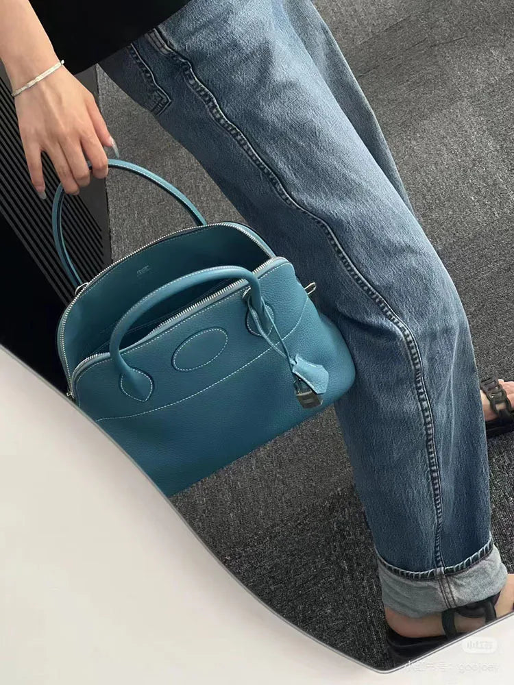 Premium Semi-handmade First-layer Cowhide Bowling Bag Portable Shoulder Large Shell Bag Commuting Temperament Versatile