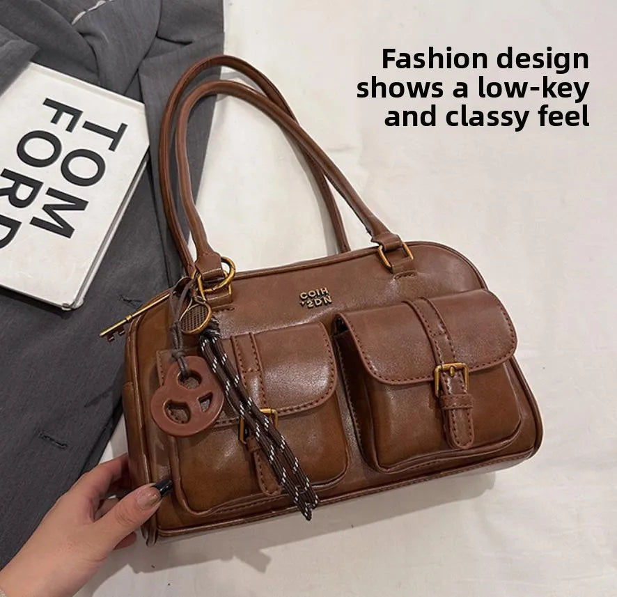 Women’s Coffee Brown Multi-Pocket Shoulder Bag | Vintage PU Leather Crossbody