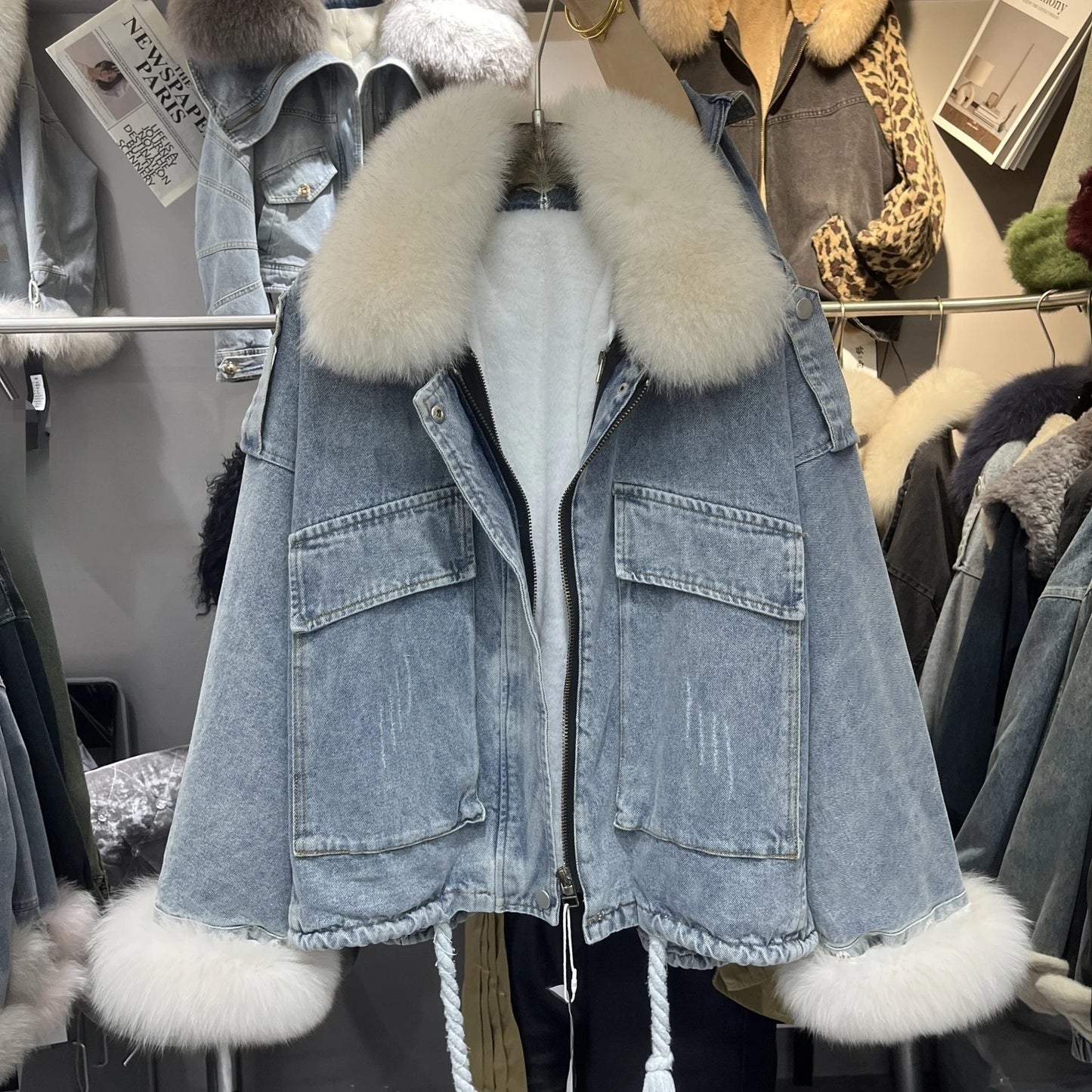 Women's Fox Fur Denim Winter Jacket – 2025 USA Streetwear Edition