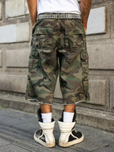 Men's summer denim shorts. Camouflage cargo pants. Multi - pocket design. Street fashion trend. Daily leisure