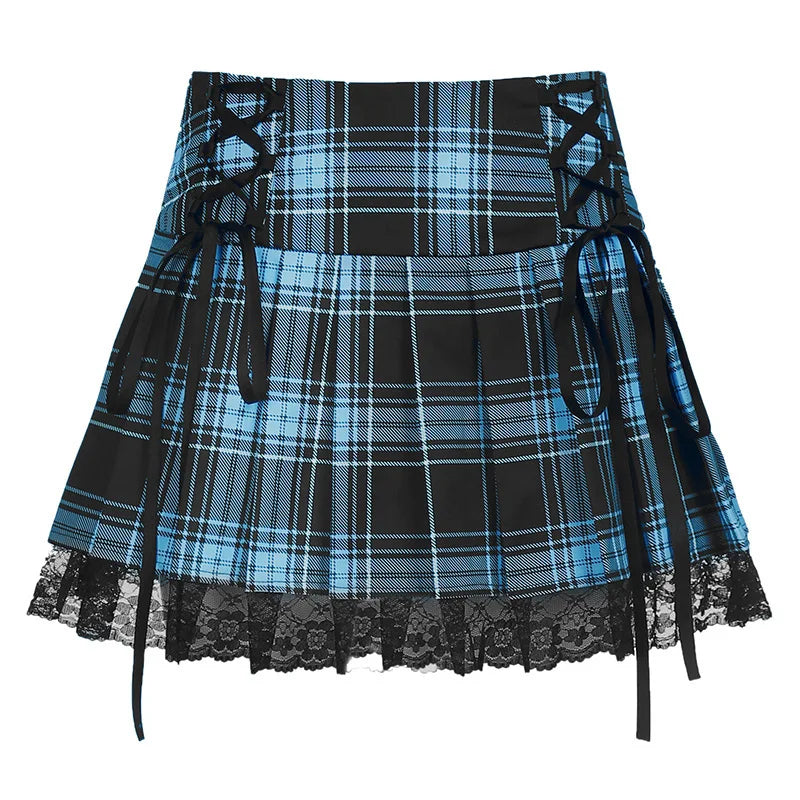 Pink Plaid Y2K Pleated Mini Skirt with Lace Trim