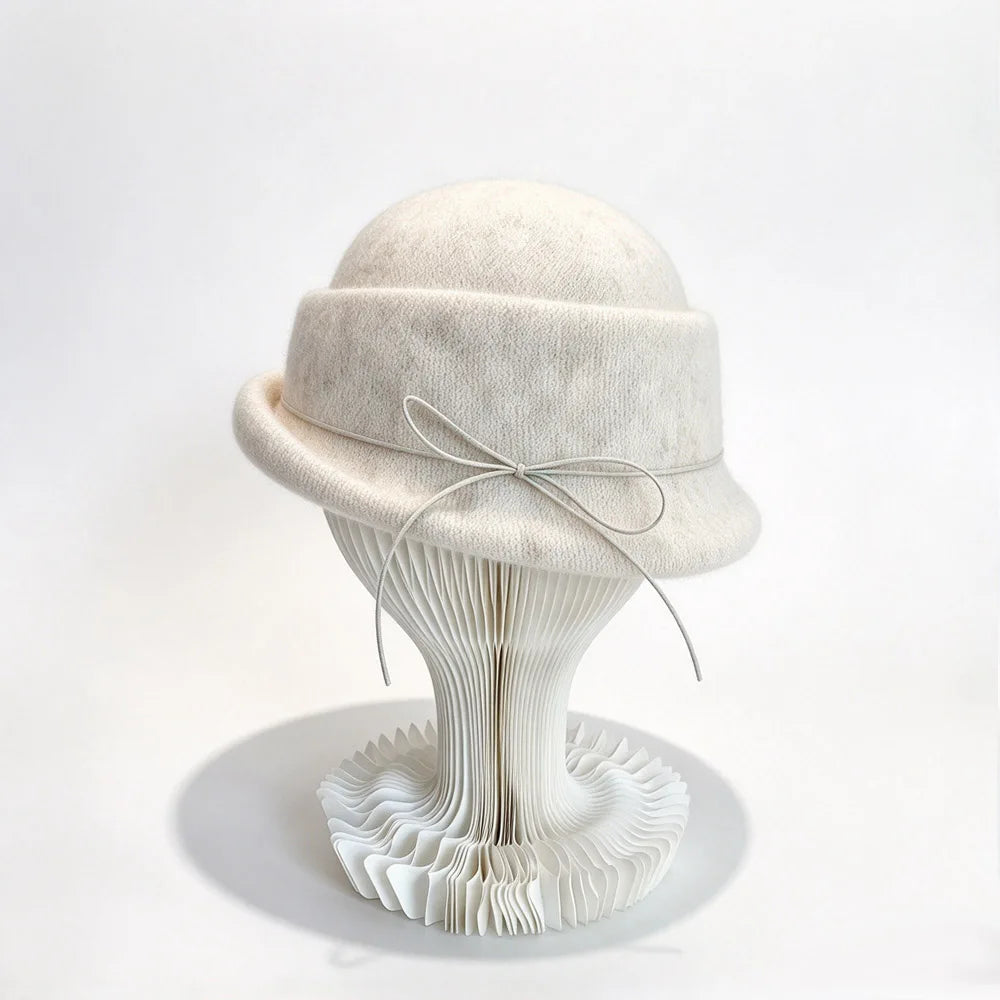 Women's Bow Cloche Hat with Roll-Up Brim