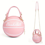 Basketball Shaped Crossbody Bag, Trendy Chain Shoulder Bag, PU Leather Top Handle Circle Purse handbags  women bag