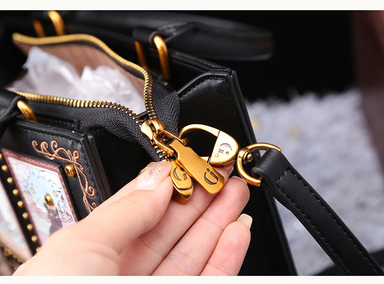 Vintage Luxury Leather Tote – Designer Cat Embroidery Shoulder Bag