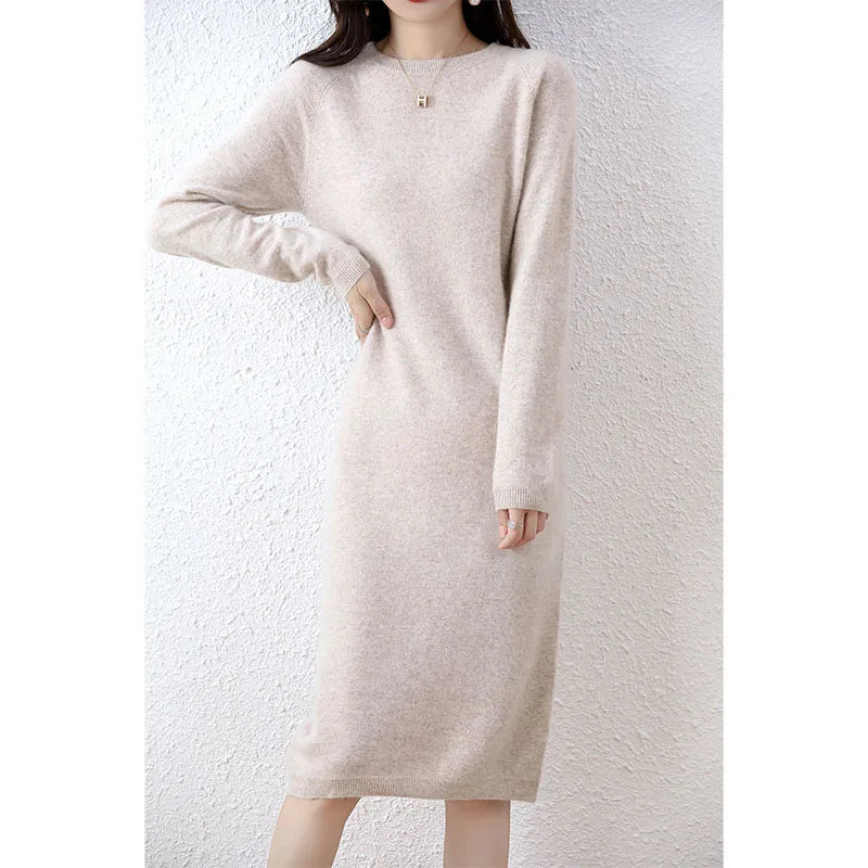 100% Merino Wool Long-Sleeve Midi Sweater Dress