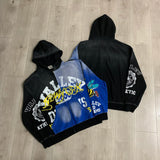 Streetwear Patchwork Letter Embroidery Zipper Terry Hooded Hoodie for Men Distressed Hole Cardigan Sweatshirt Jacket Oversized