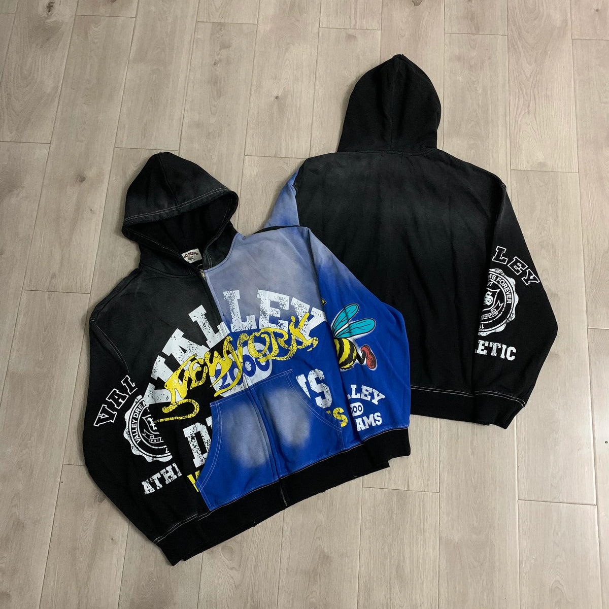Streetwear Patchwork Letter Embroidery Zipper Terry Hooded Hoodie for Men Distressed Hole Cardigan Sweatshirt Jacket Oversized