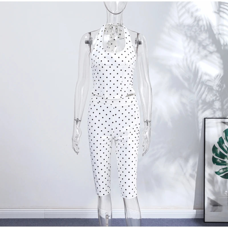 Fashion Polka Dot Two-pieces 7-inch Pants Sets Women's Slim Halter Waist-cinching Tops Hip-wrap Pant 2026 New Ladies Solid Suit