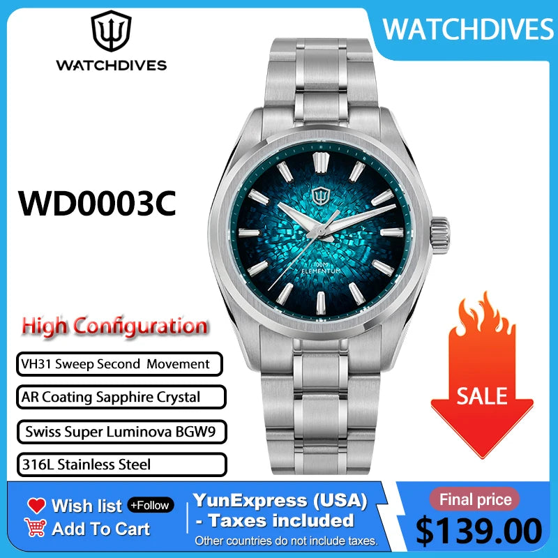 Watchdives WD0003C 38mm Men Watch VH31 Sweep Seconds Quartz Movement Sapphire Ice Crack Dial Luminous 10Bar Waterproof Watches