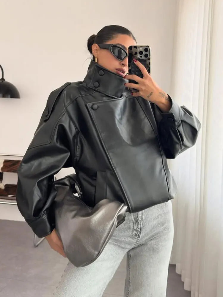 HH 2026 Women Trend Pu Leather Black Coats Stand Collar Long Sleeve Zipper Jacket Woman Fashion Vintage High Street Pu Jackets