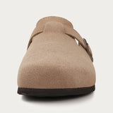 Evshine Men's Suede Clogs Fashion Leather Mules Cozy Footbed Slippers With Adjustable Buckle AntiSlip Cork Slippers Unisex Mules