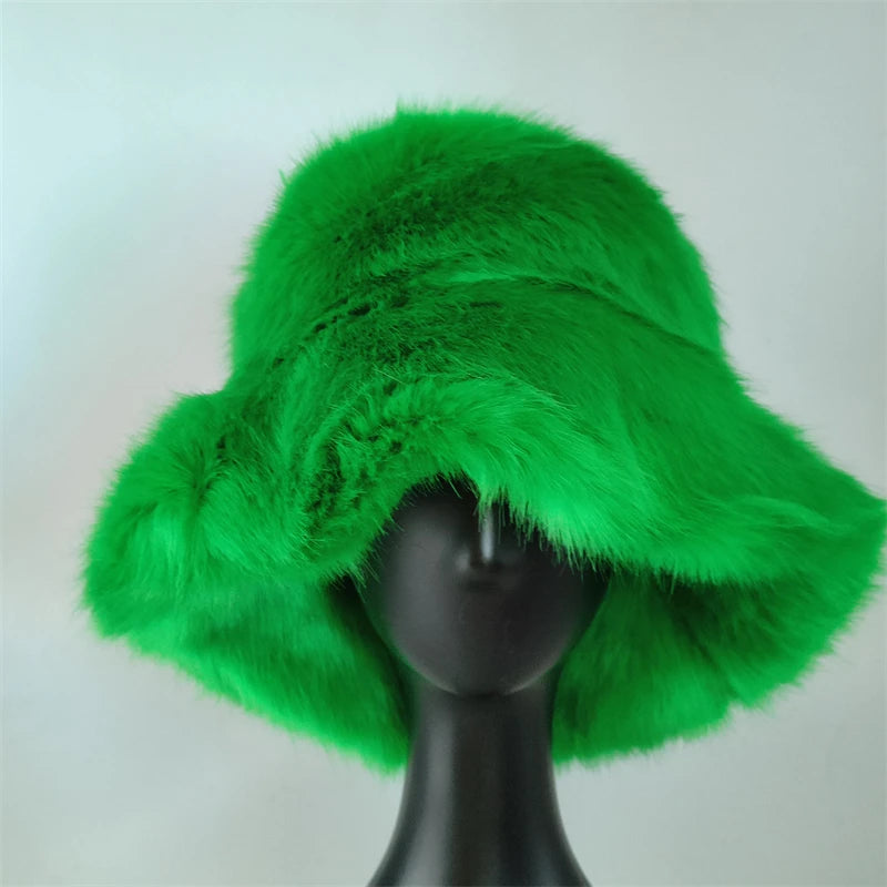 1pcs Winter Faux Fur Bucket Hat Warm Fluffy Plush colorful soft Winter hat Personality fur Fisherman Hats for women Plush hat겨