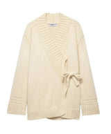 Chic V-neck Knitted Lace-up Women Cardigan Elegant Solid Full Sleeve Loose Cropped Sweater 2026 Lady Commute Office Cardigans