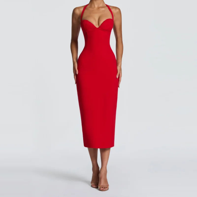 Elegant Bodycon Midi Dress – Halter Neck Evening Gown