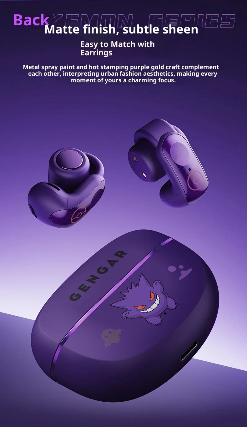 Gengar PokéMon Bluetooth Headset Ear Clip Hifi Stereo Wireless Game Sports Earbuds Long Battery Life Trendy Anime Gift