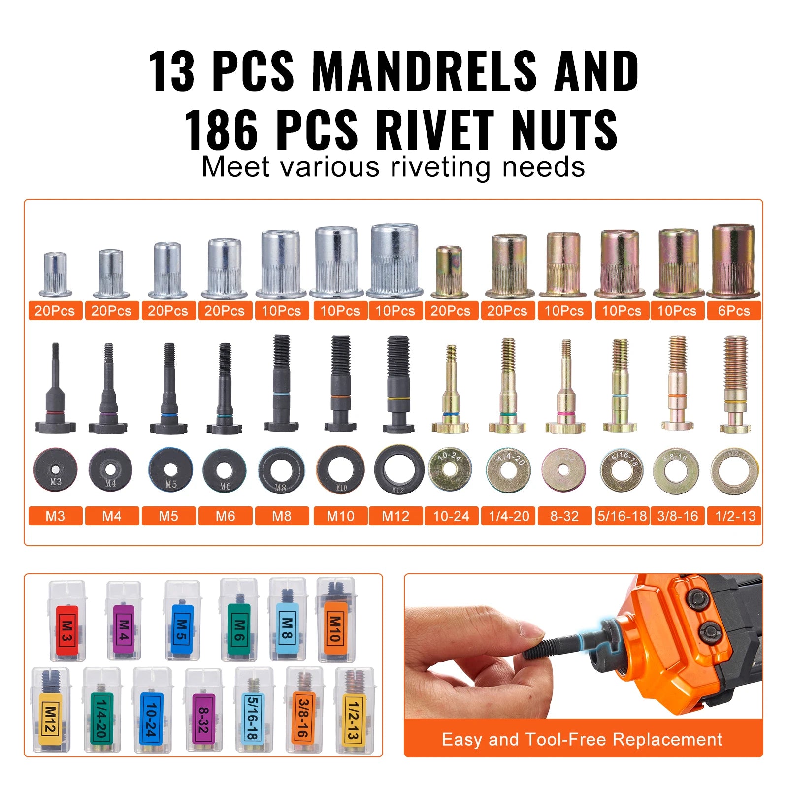 SucceBuy 14" 16" Rivet Nut Tool Rivnut Tool Kit with Metric and SAE Mandrels 70PCS/186PCS Rivet Nuts With Rugged Carrying Case