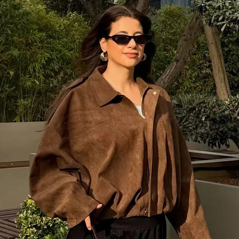 HXAO Suede Cropped Jacket Women's Bomber Jacket Oversized Batwing Sleeves Outerwears Lady Casual Loose Coat Street Style Jackets